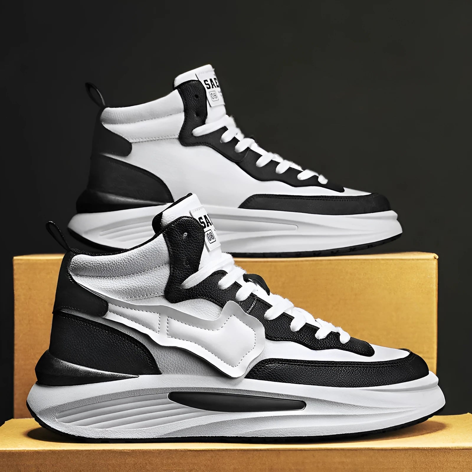 Men's black and white artificial PU leather platform high-top board shoes with round toe design