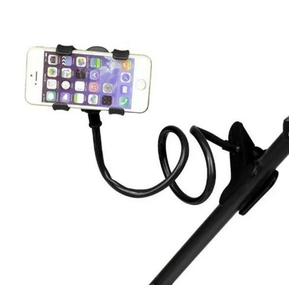 Black portable phone holder with a long flexible arm and a V-shaped clip, extended on a bedside table.