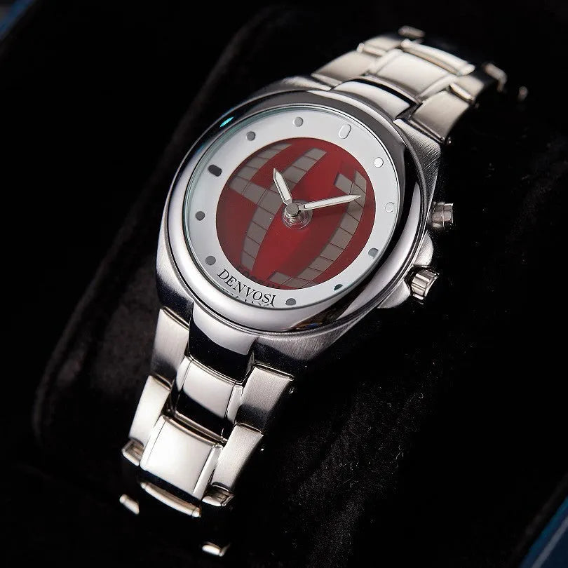 Y2K digital dual display watch with 40mm red face dial and stainless steel buckle on alloy strap