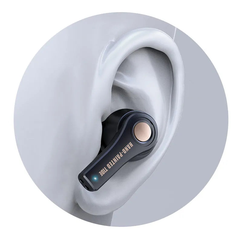 Black and white wireless Bluetooth headset with head-mounted design showing ear cups.