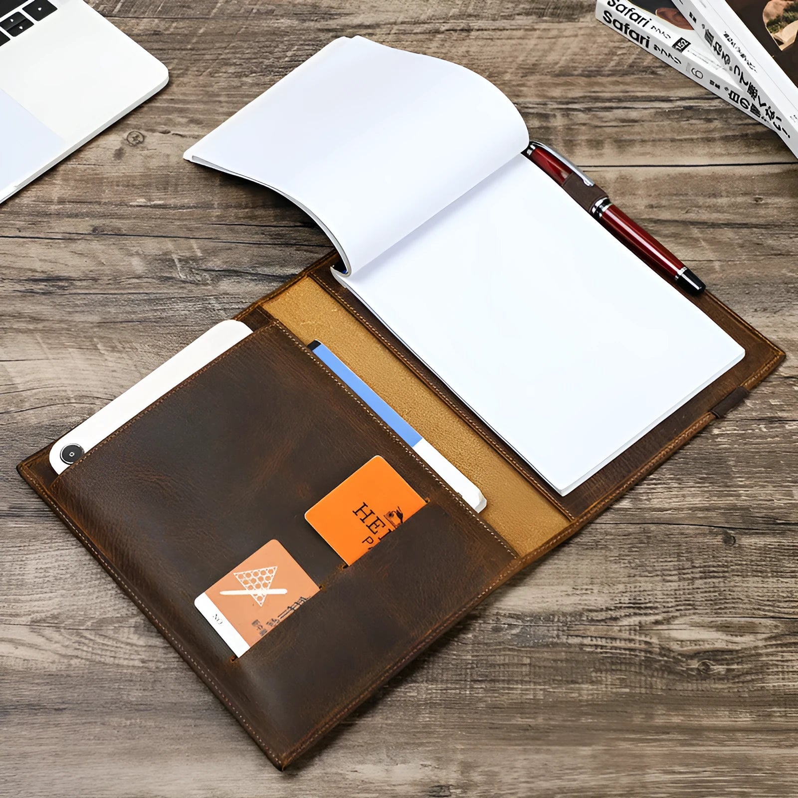 Brown Crazy Horse leather A5 notebook protective sleeve with square design and socket-type closure