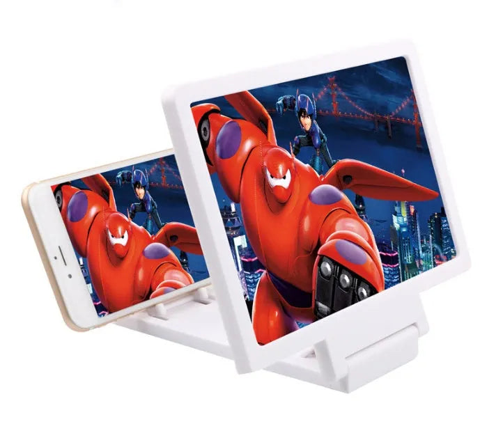 Black and white radiation-proof 3D mobile phone screen amplifier and stand showing a phone in use.