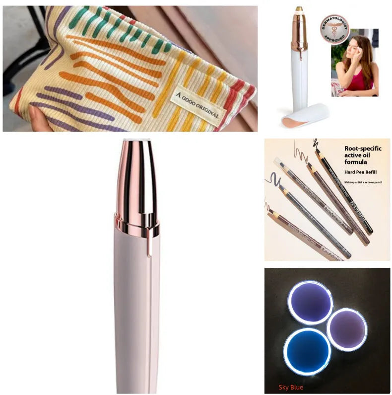 Eyebrow epilator pen with gold plated head and LED light on pink background