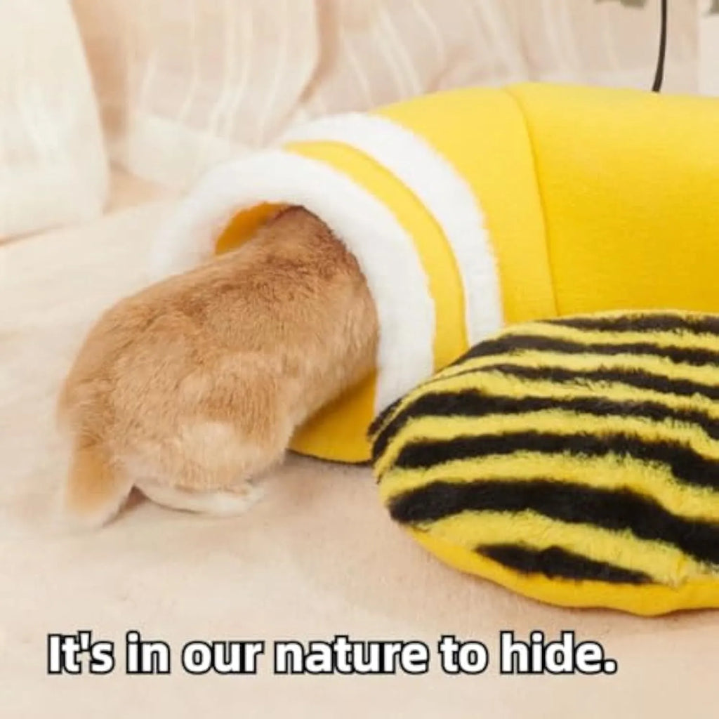 Yellow bee-shaped plush tunnel bed for small pets with removable sections and wire frame