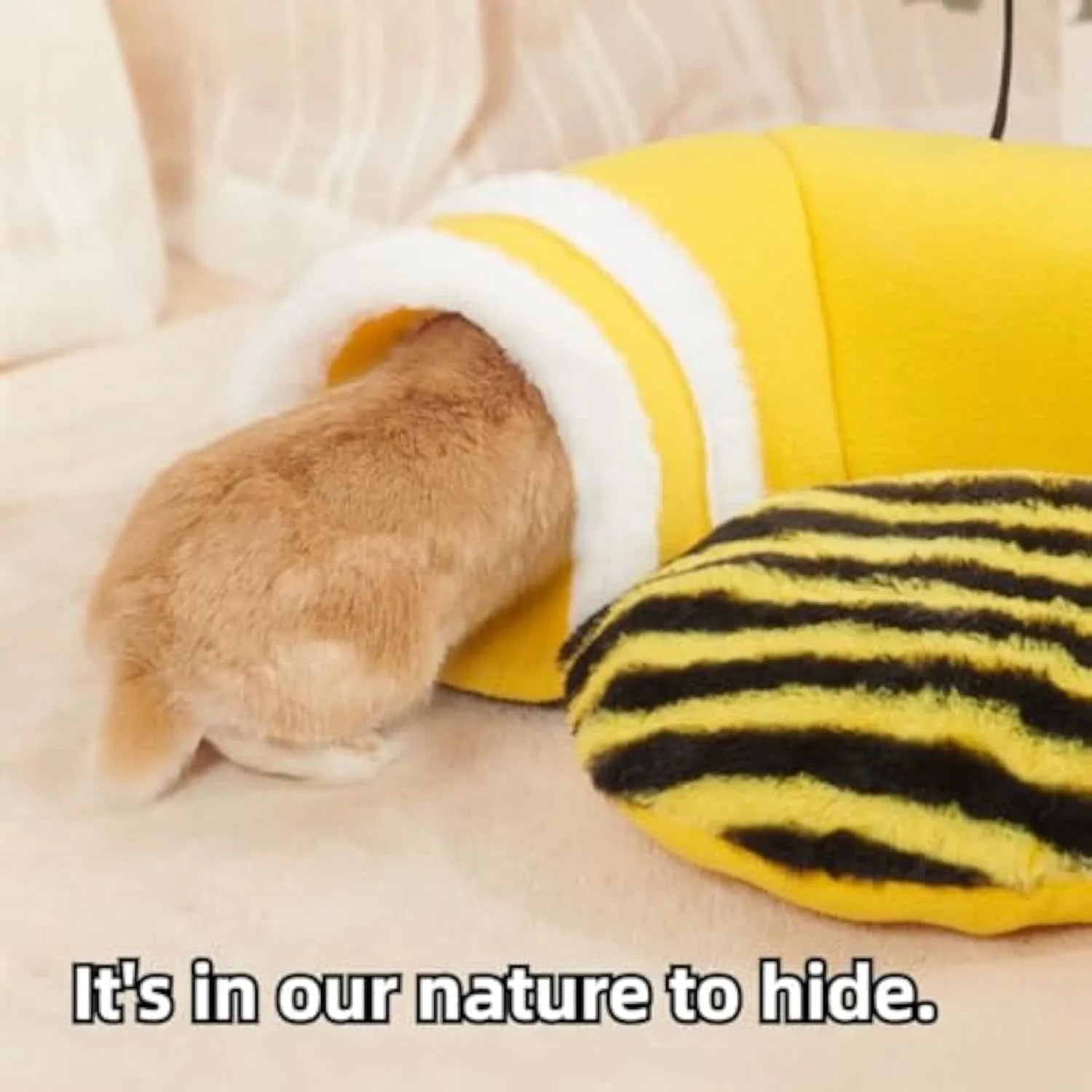 Yellow bee-shaped plush tunnel bed for small pets with removable sections and wire frame