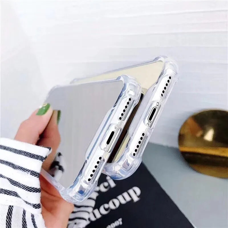 Reflective mirror phone case in soft TPU material available in multiple colours for various iPhone models showing back and side view