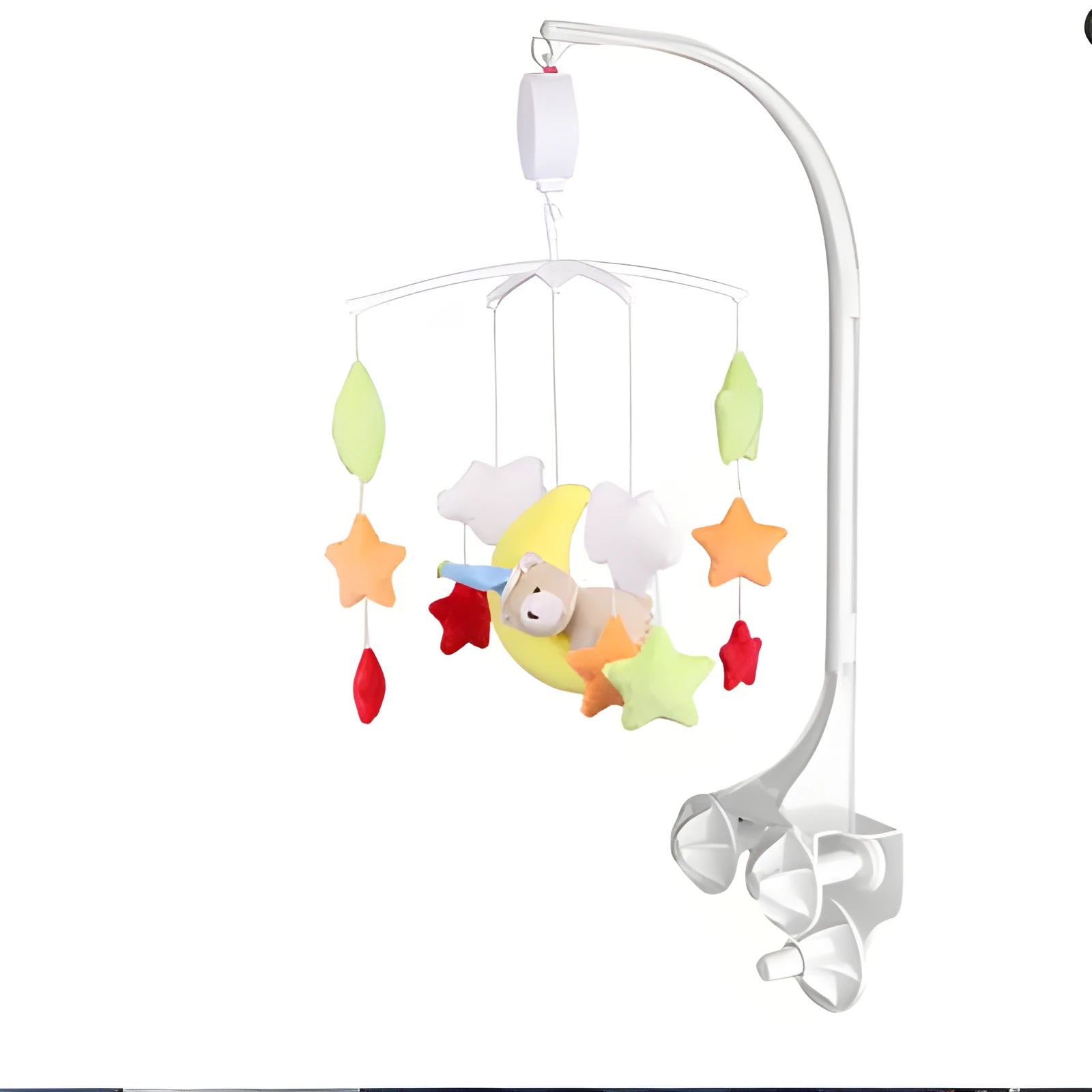 White plastic baby stroller ornament bracket measuring 95cm high and 17cm wide for attaching toys
