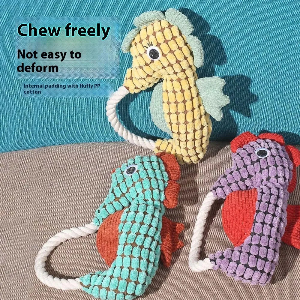 Pineapple velvet molar plush pet toy in yellow seahorse colour with squeaker, 16.5 x 23.5 cm