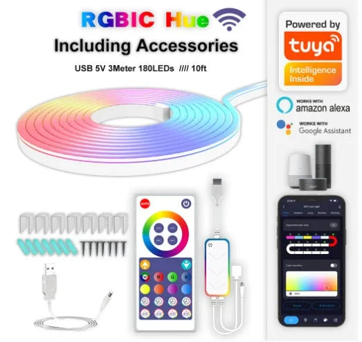 3 metre USB-powered RGB neon light strips with Bluetooth music sync and remote control
