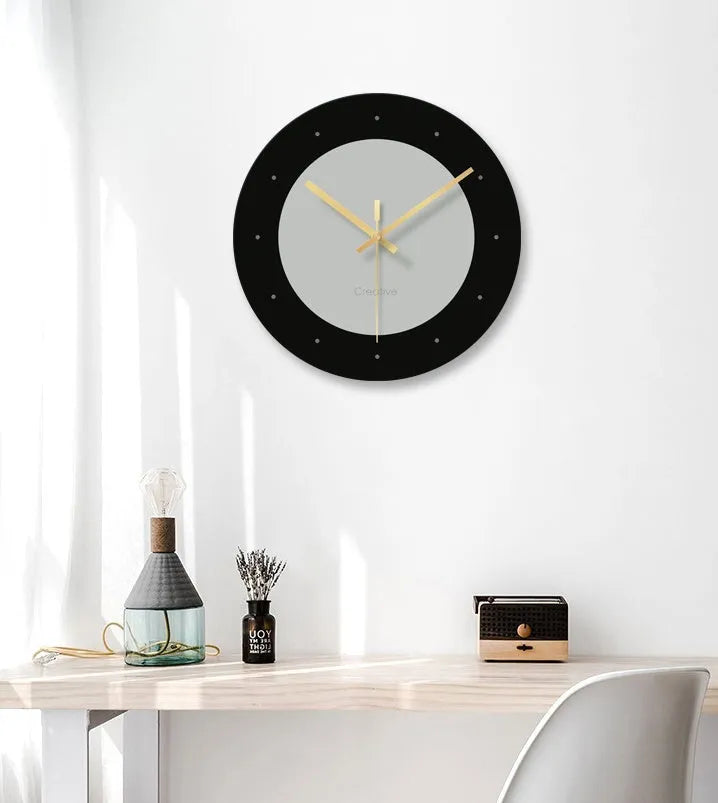 Minimalist transparent tempered glass wall clock with large 29.5cm diameter face on a white wall.