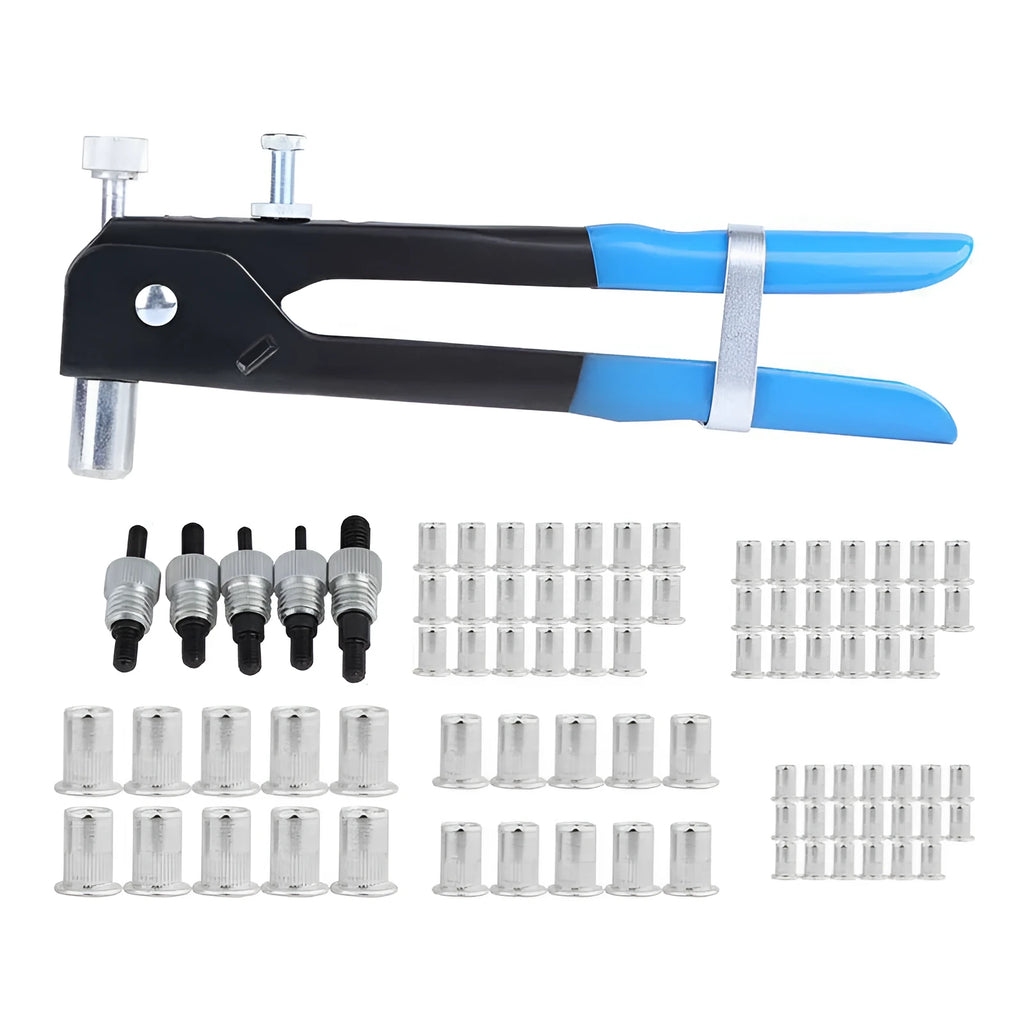 Manual riveter gun tool and assortment of alloy steel rivet nuts from an 86-piece or 106-piece fastener set.