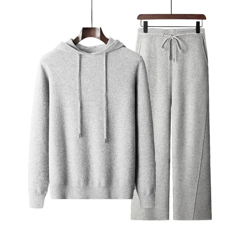 Men's casual two-piece set: seamless wool hoodie with drawstring and matching pants in black, dark gray, and light gray
