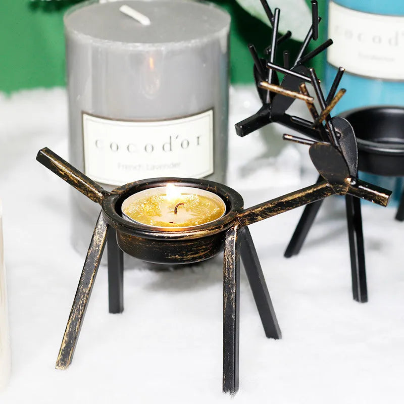 Black iron deer Christmas candlestick holder with elk bracket design and fabric accents
