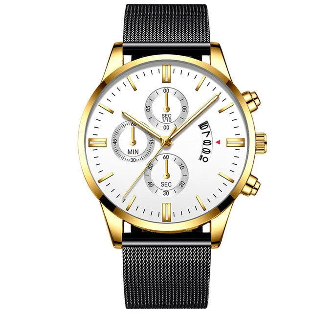 Men's stainless steel mesh band quartz watch with analog display in multiple colour options