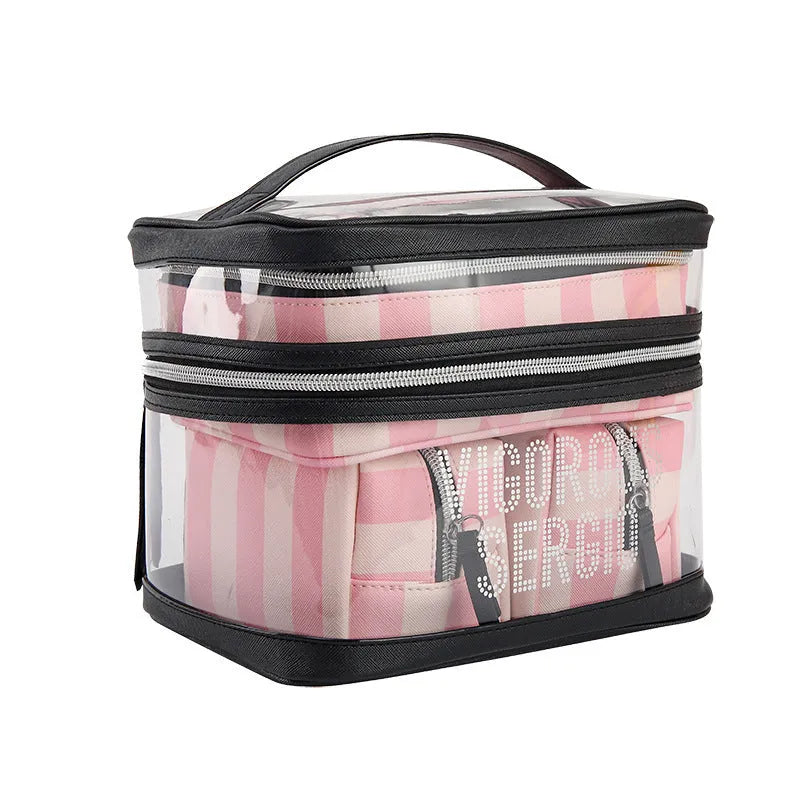 Pink bold stripes floral pattern folding makeup bag with waterproof synthetic leather material