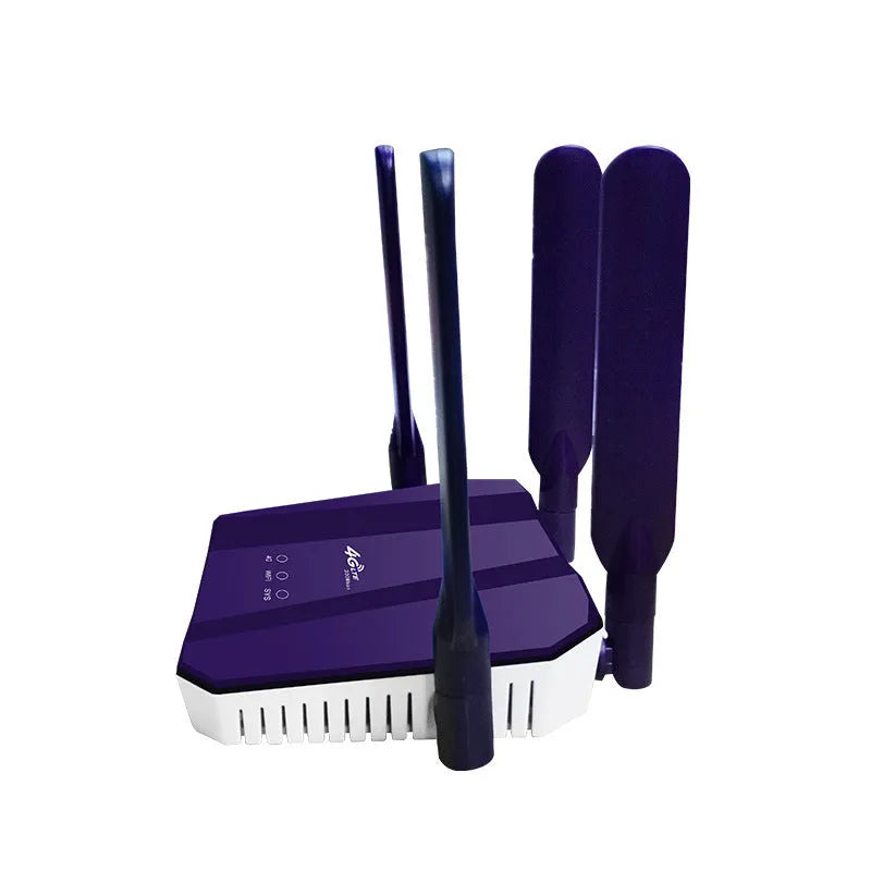 Blue 4G dual-mode router with four external antennas for wireless and wired internet connectivity