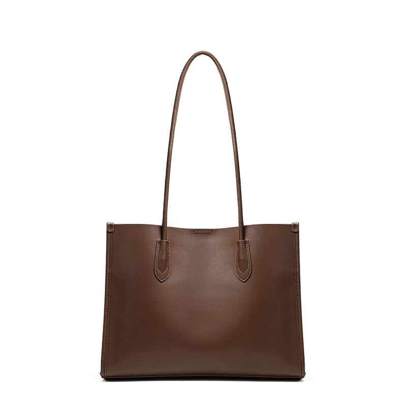 Women's new commuter large capacity genuine leather tote bag in golden brown with double straps and horizontal square shape