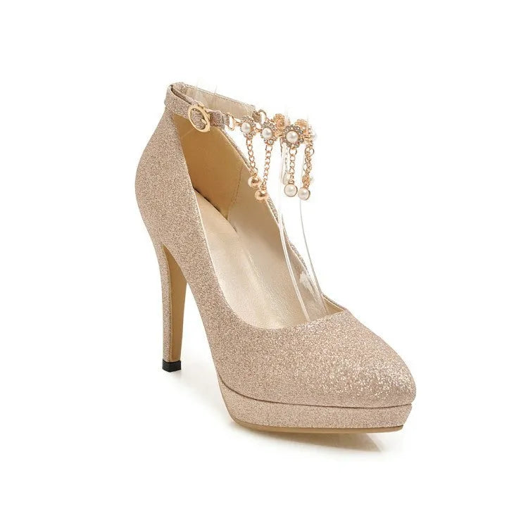 Women's platform high heels with stiletto heels in blue, pink, gold, or silver colours