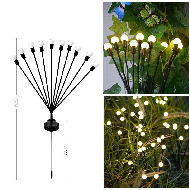 Solar-powered LED garden ground light with multiple light heads and a stainless steel spike for installation.