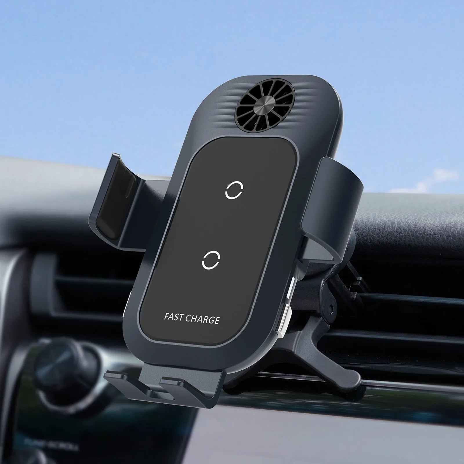 C35 colour car wireless charger phone holder mounted on car air vent, showing automatic clamping arms.
