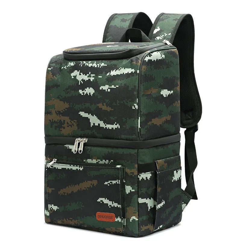 Blue insulated backpack with double-layer construction and refrigerated ice pack compartment open