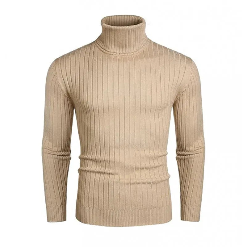 Men's striped high-neck pullover sweater in core sand acetate fabric, long sleeves, available in multiple colours