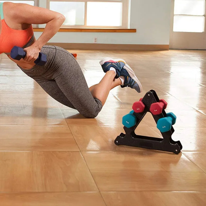 Dumbbell bracket wall mount with triangle and leaf shapes, 12x11 inches, for pairs of dumbbells up to 10 pounds.