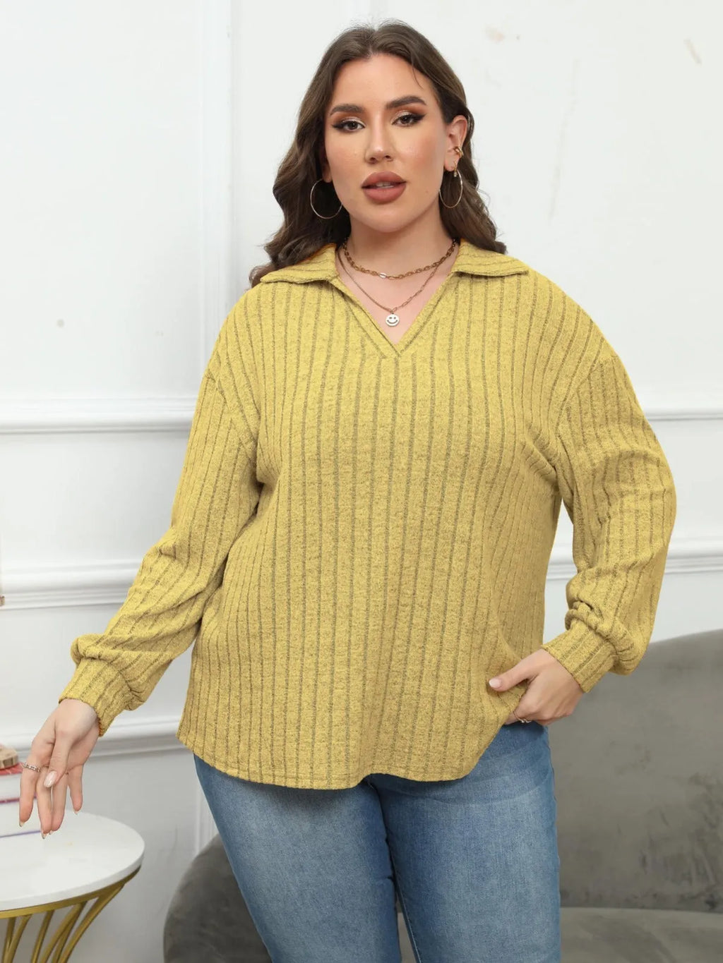 Women's plus size gray polo collar fleece blouse with lantern sleeves