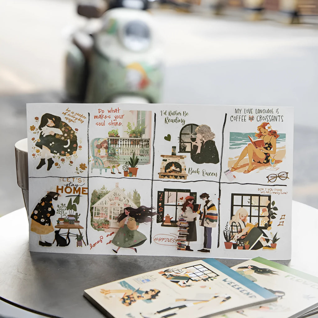 Double material retro sticker book with character landscape scenes quiet reading time planting small pot plant holiday live healing time