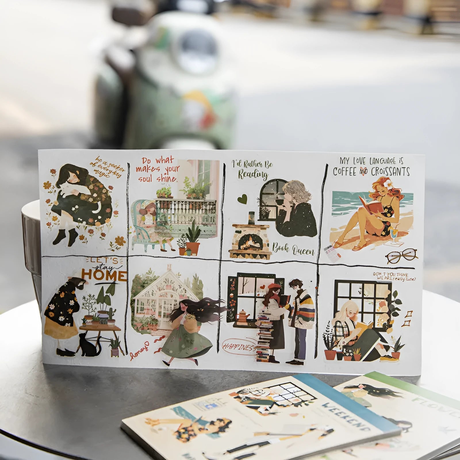 Double material retro sticker book with character landscape scenes quiet reading time planting small pot plant holiday live healing time