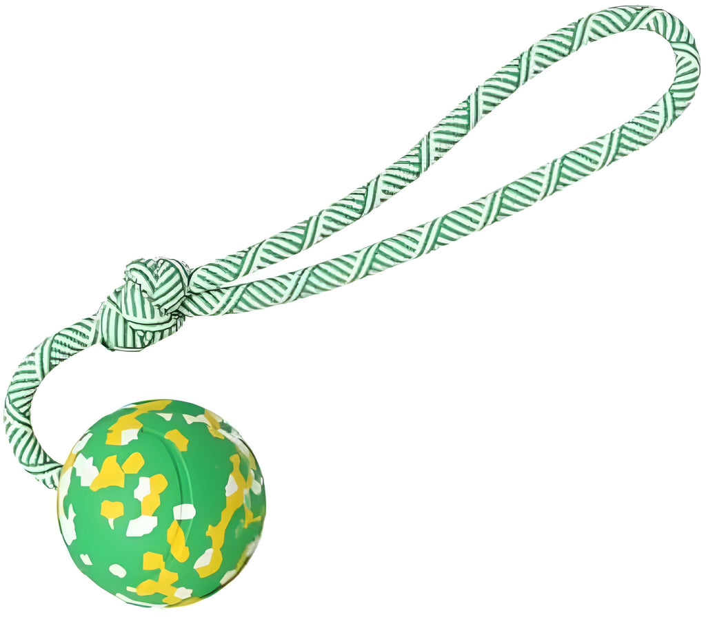 Natural rubber dog ball attached to a nylon rope for fetch and tug of war play.