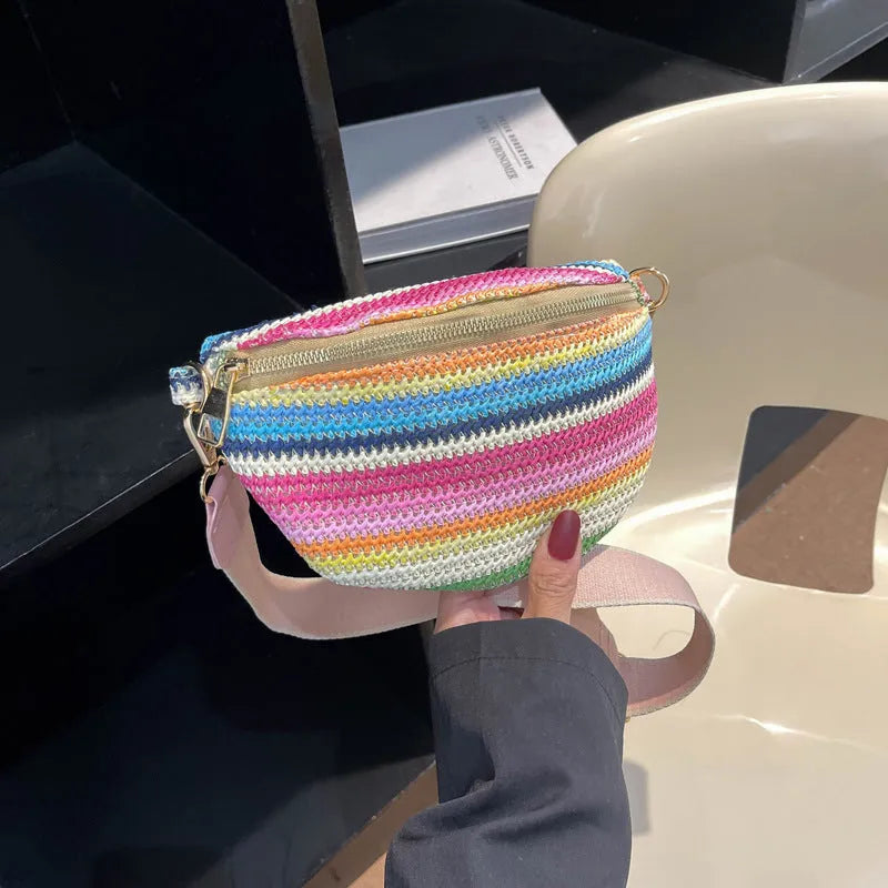 Blue straw woven beach shoulder bag with shell shape and single strap