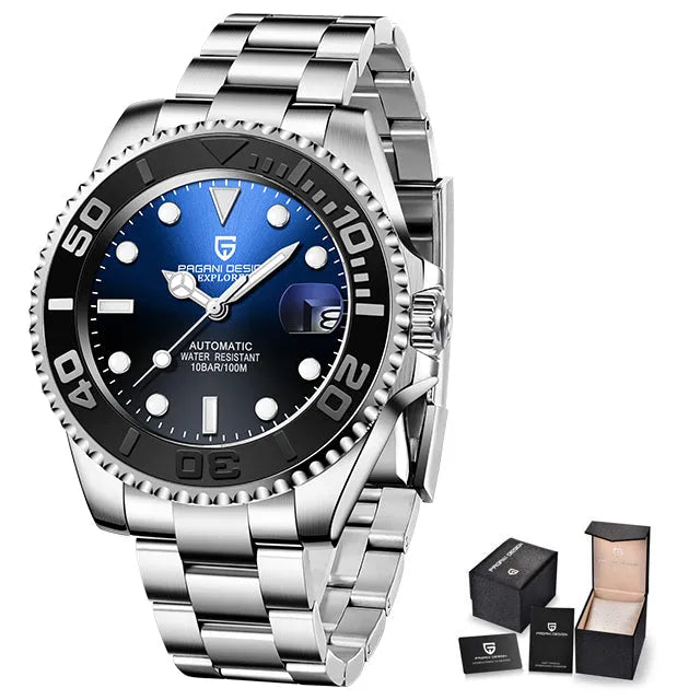 Men's automatic mechanical watch with 40mm stainless steel dial, luminous hands, and steel bracelet