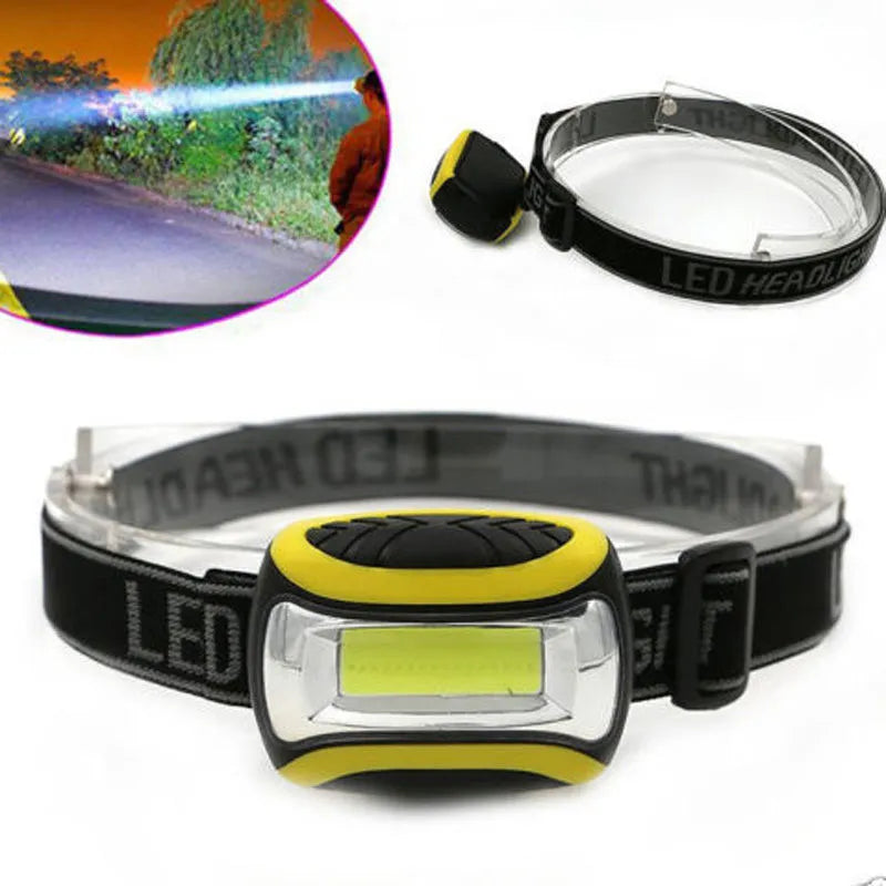 Yellow plastic headlamp with adjustable strap and COB light lens for outdoor use.