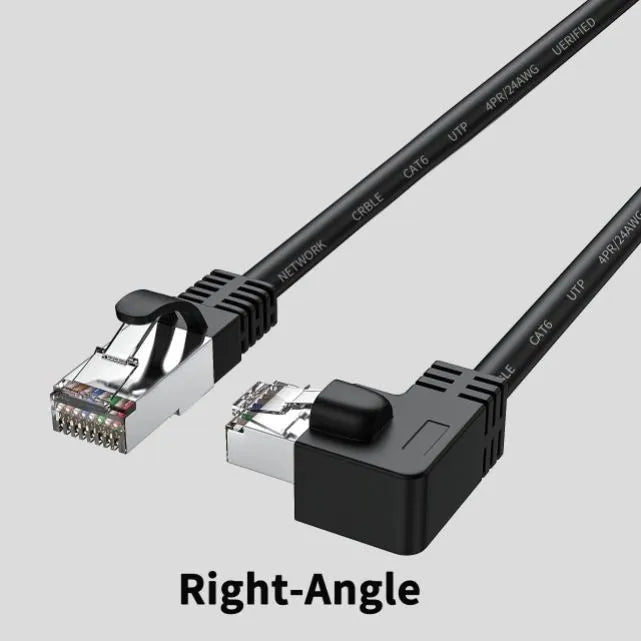 Cat6 Ethernet cable with angled RJ45 connectors in various colours and lengths on a grey background