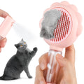 Grey spray cat grooming brush with self-cleaning button and curved stainless steel bristles on a white background.