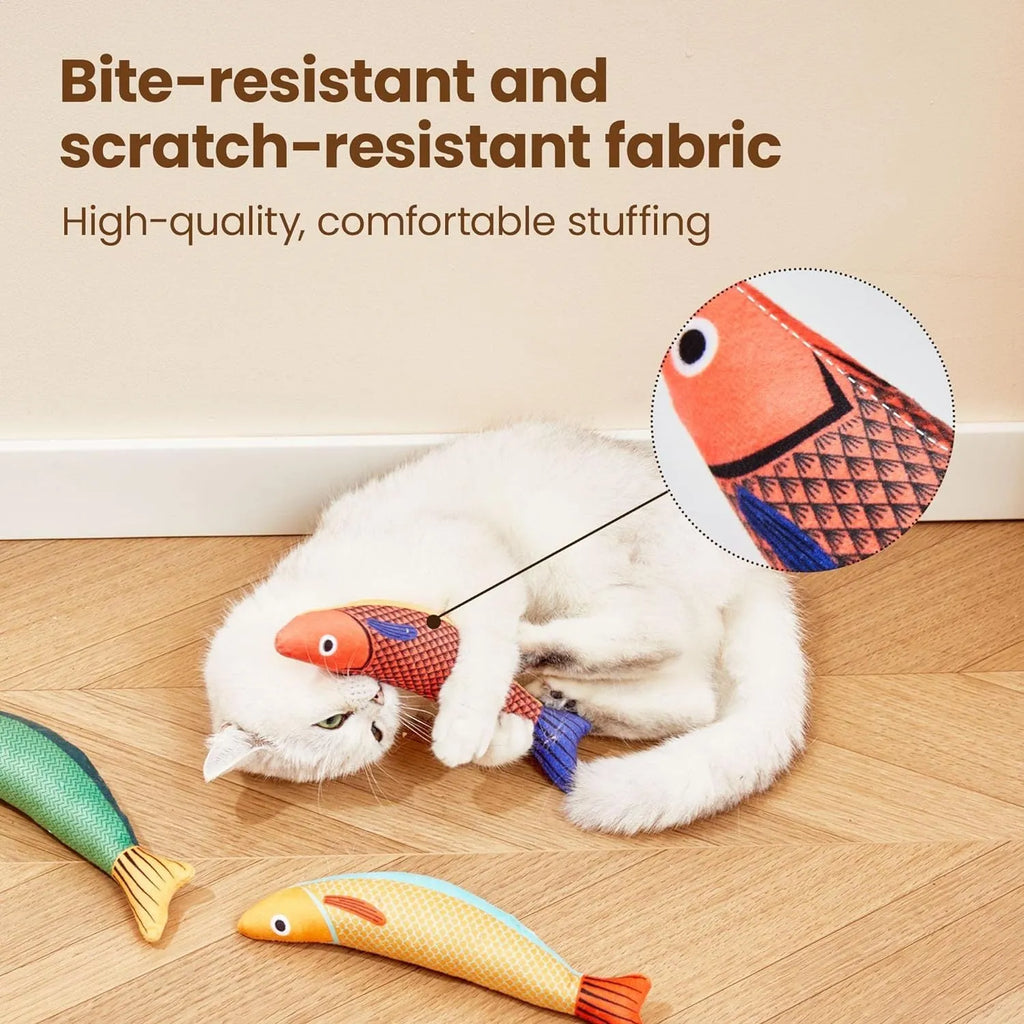 Soft plush catnip fish kicker toy in green, orange, or yellow colours for interactive cat play