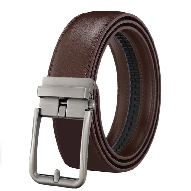 Men's genuine leather belt with automatic alloy buckle, available in multiple colours and lengths