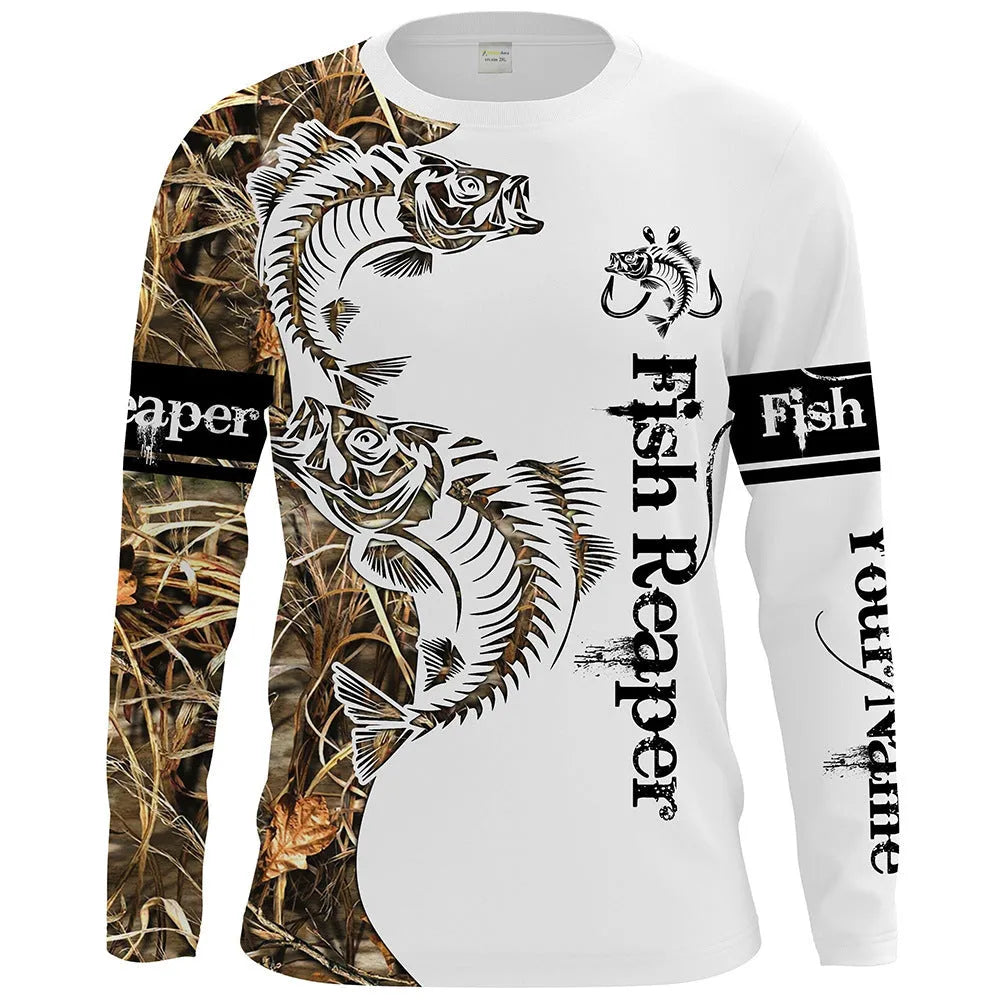 Men's grey round neck pullover with a colourful printed fish design on the front.