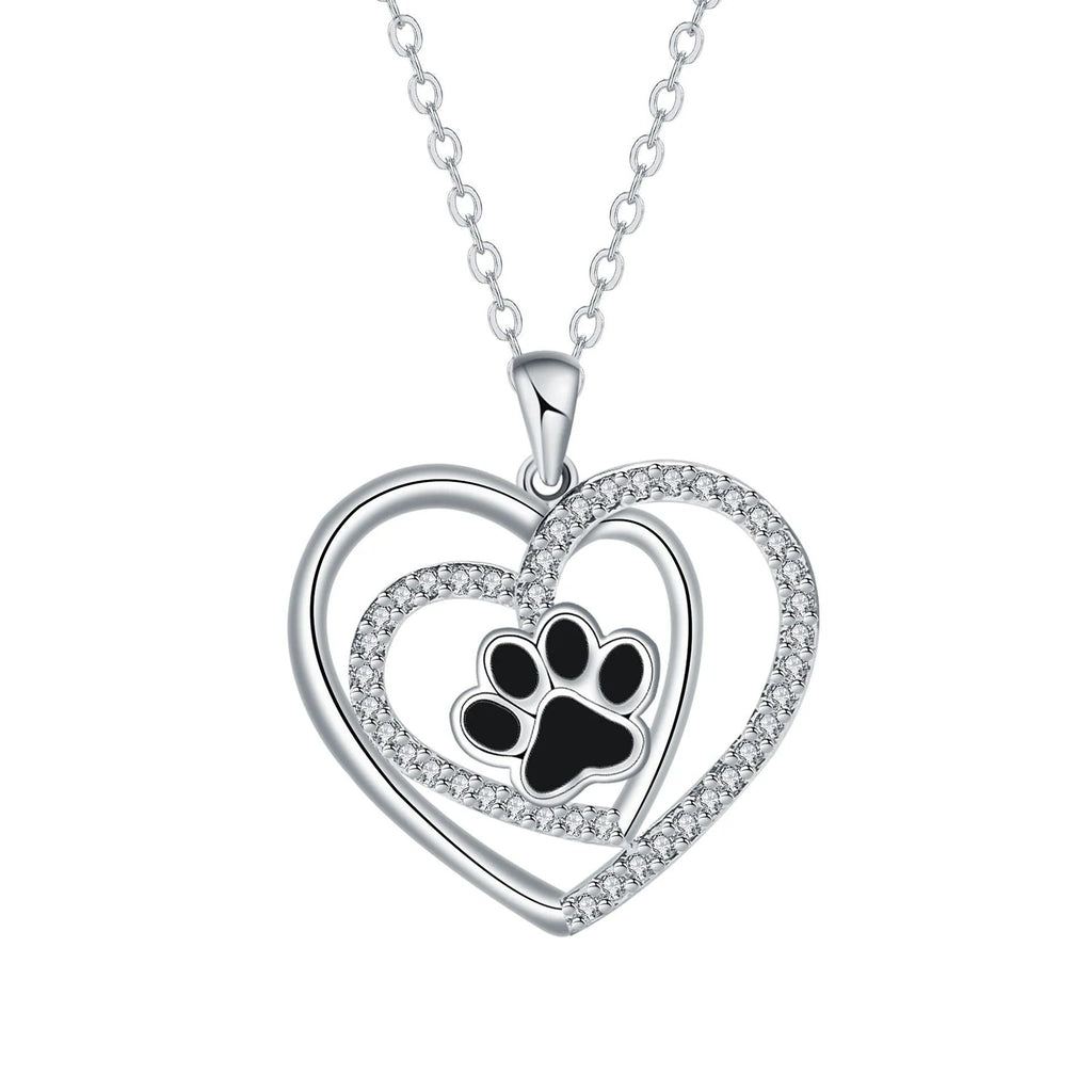 Copper necklace with heart-shaped dog paw pendant on cross chain, electroplated finish