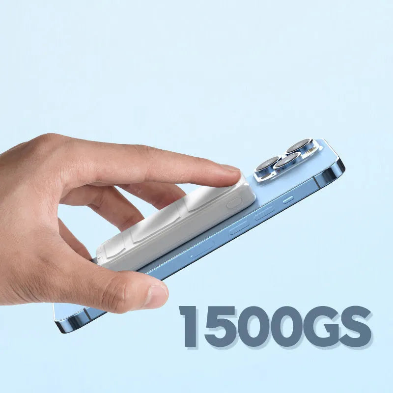 Magnetic wireless charging power bank with folding stand in pearl white colour.