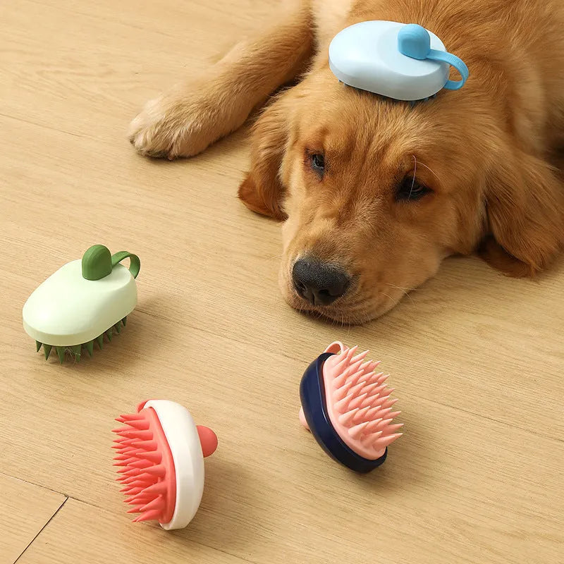 Soft silicone pet hair remover and massage brush for dogs in blue colour with ABS handle.