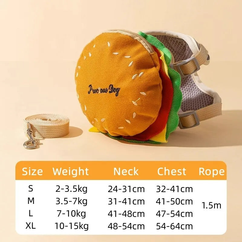 Cartoon hamburger and chips design adjustable escape-proof vest harness and leash set for dogs and cats.