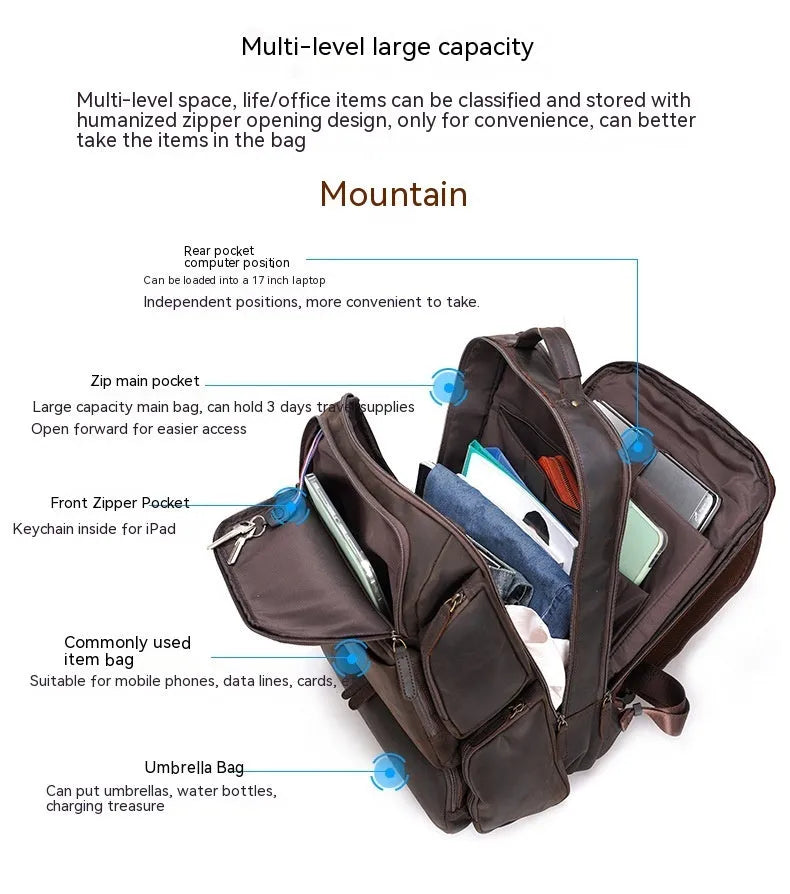 Dark brown retro crazy horse leather men's backpack open to show 17-inch laptop compartment and internal pockets.