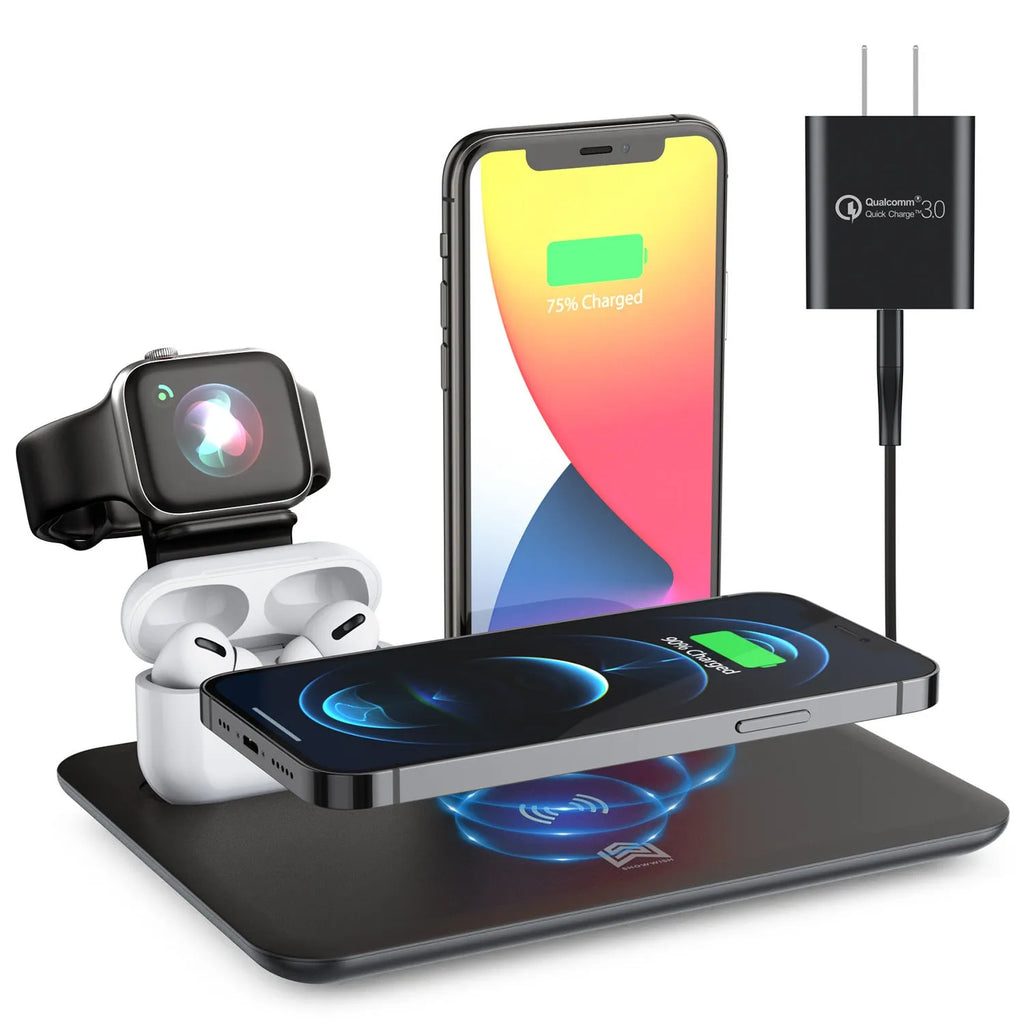 Black desktop wireless charging dock holding a phone, with ports for watch and headphone cables.