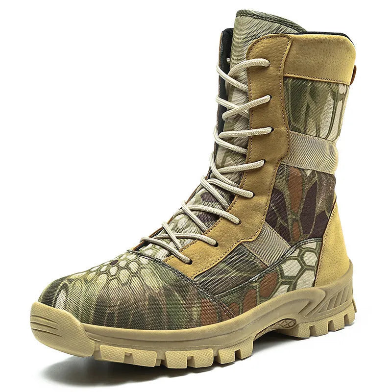 Men's black and camouflage mesh high-top sports boots showing totem detailing and Martin boot design