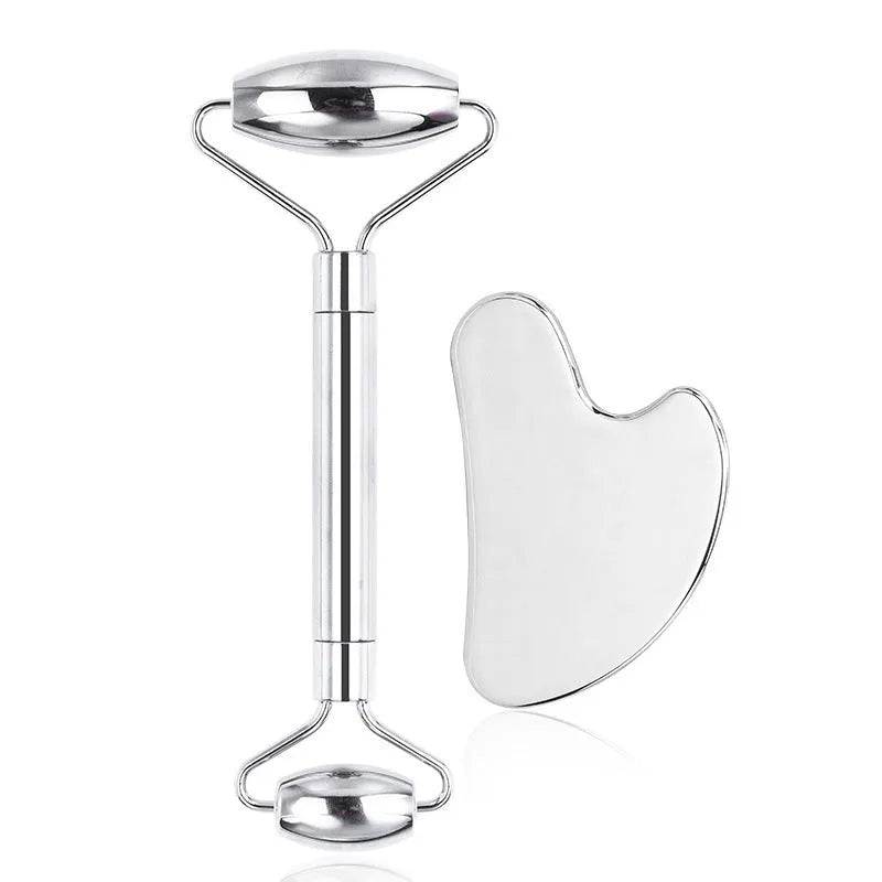 Stainless steel facial massage roller and scraping board set with heart-shaped eye tool