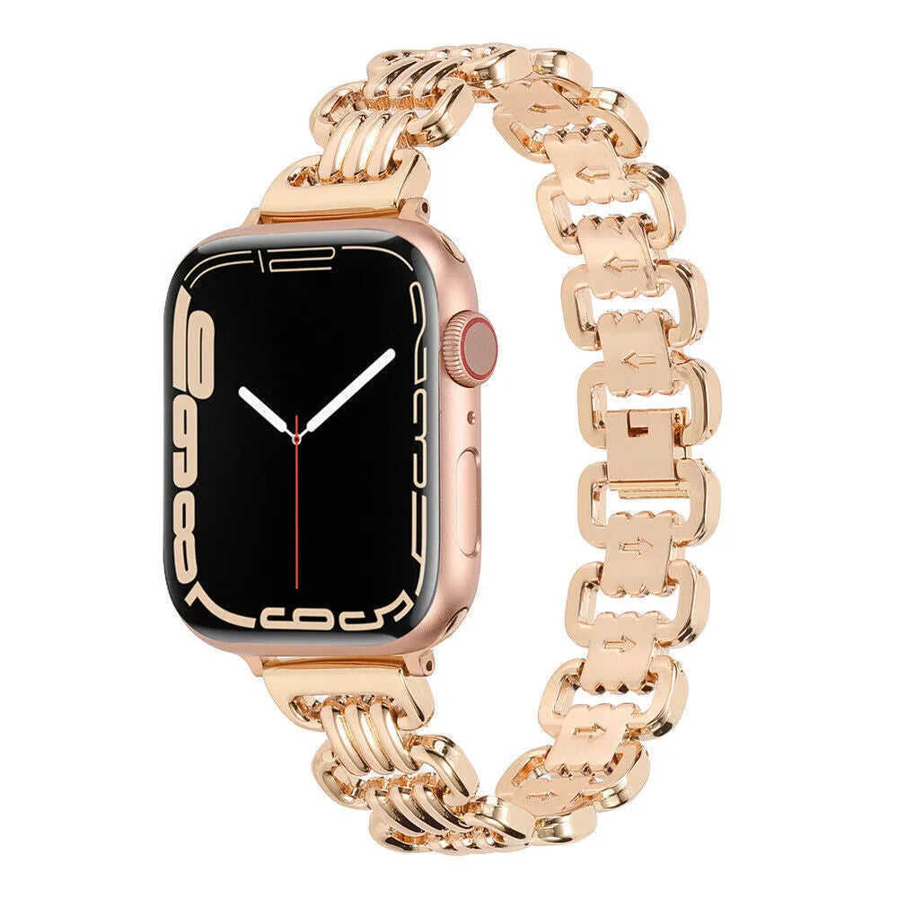 Alloy metal Apple Watch band in rose gold on a wrist, showing the connection to a watch case.