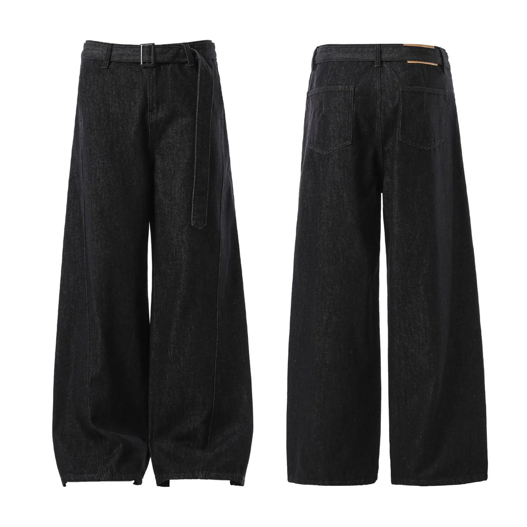 Black American retro high waist straight leg jeans with gold accents on a zip fly.