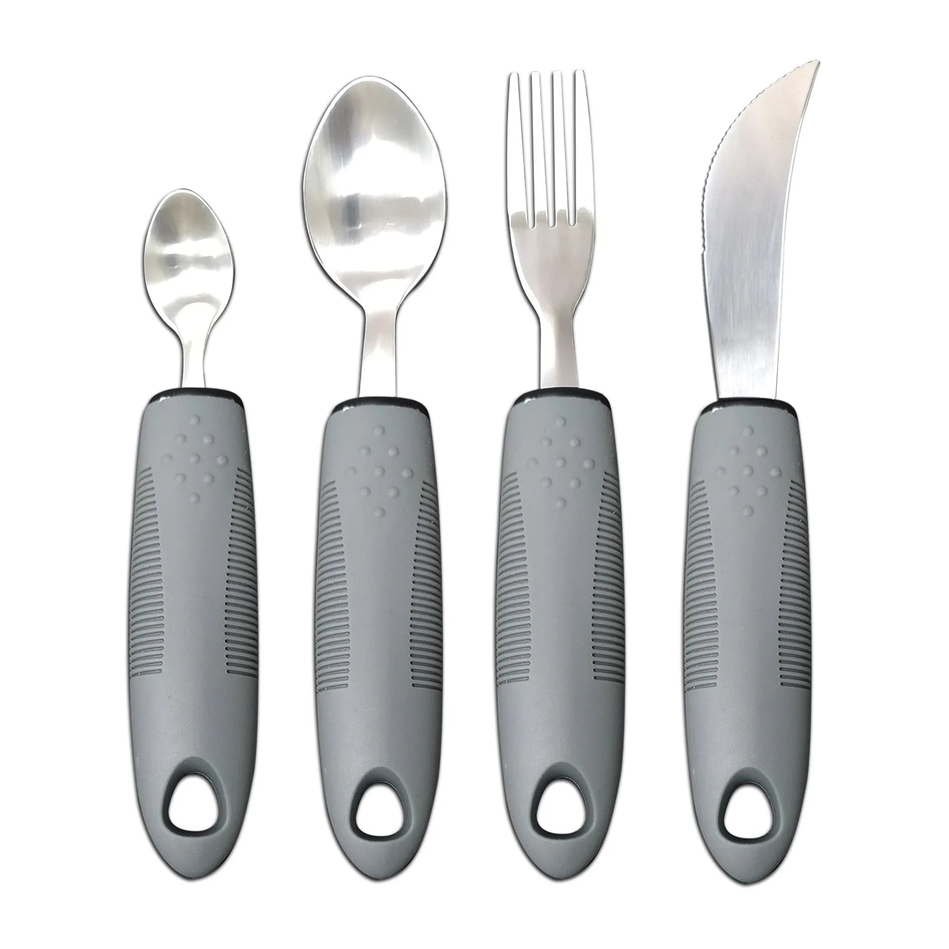 Adaptive cutlery set with stainless steel utensils and rubber grip handles for hand tremor assistance